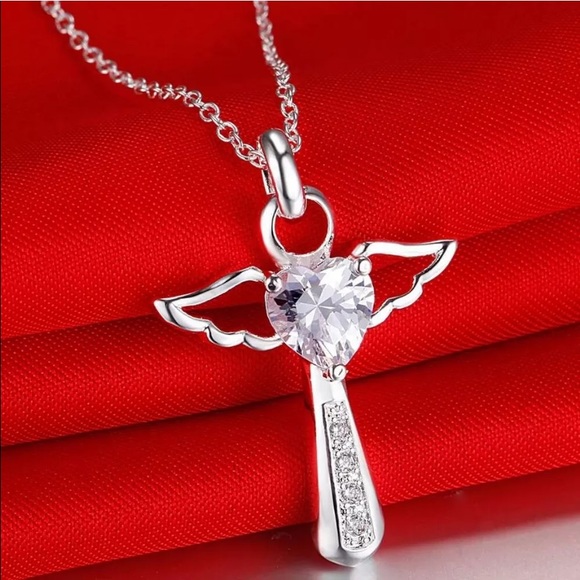 Sterling Silver Crystal Cross Angel Wings Necklace NEW - Picture 9 of 9